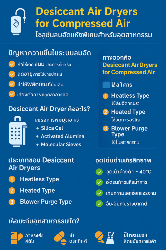 Infographic on desiccant air dryers for compressed air, explaining why drying is needed, desiccant media (silica gel, activated alumina, molecular sieve), dryer types (heatless, heated, blower purge), key benefits, and selection tips.