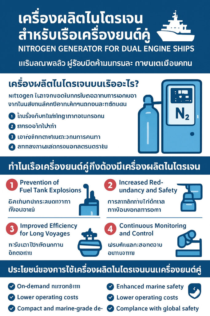 อินโฟกราฟิกเหตุผลที่เรือเครื่องยนต์คู่ต้องใช้เครื่องผลิตไนโตรเจน: ป้องกันการระเบิดถังเชื้อเพลิง เพิ่มความซ้ำซ้อน/ความปลอดภัย ประสิทธิภาพเดินเรือระยะไกล และเป็นไปตามข้อกำหนดสากล พร้อมขั้นตอนการทำงาน (ลมอัด แยกไนโตรเจนแบบ PSA/เมมเบรน จัดเก็บ/จ่าย และมอนิเตอร์).