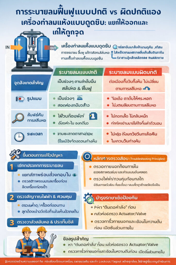 อินโฟกราฟิกเปรียบเทียบการระบายลมรีเจน “ปกติ” กับ “ผิดปกติ” ของเครื่องทำลมแห้งแบบดูดซับ พร้อมสัญญาณการระบายต่อเนื่องและเช็กลิสต์ตรวจระบบควบคุม วาล์ว ซีล และความดันระบบทีละขั้นตอน