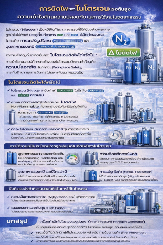 อินโฟกราฟิกเรื่องความไวไฟของไนโตรเจนและความปลอดภัย ระบุว่าไนโตรเจน (N₂) ไม่ติดไฟและเป็นก๊าซเฉื่อย พร้อมตัวอย่างการใช้งานในอาหาร อิเล็กทรอนิกส์ เคมี/ปิโตรเคมี งานโลหะ และแล็บ/การแพทย์ รวมถึงความเสี่ยงขาดอากาศหายใจ แรงดันสูง และแผลไหม้จากความเย็น