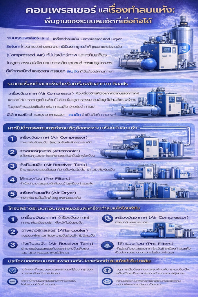 อินโฟกราฟิก “คอมเพรสเซอร์และเครื่องทำลมแห้ง” อธิบายระบบลมอัดที่เชื่อถือได้ ให้ความหมายของคอมเพรสเซอร์และเครื่องทำลมแห้ง พร้อมผังการติดตั้งมาตรฐาน (ไส้กรอง ถังพัก เครื่องทำลมแห้ง ระบบระบายน้ำ) รวมถึงประโยชน์และแนวทางการเลือกระบบ