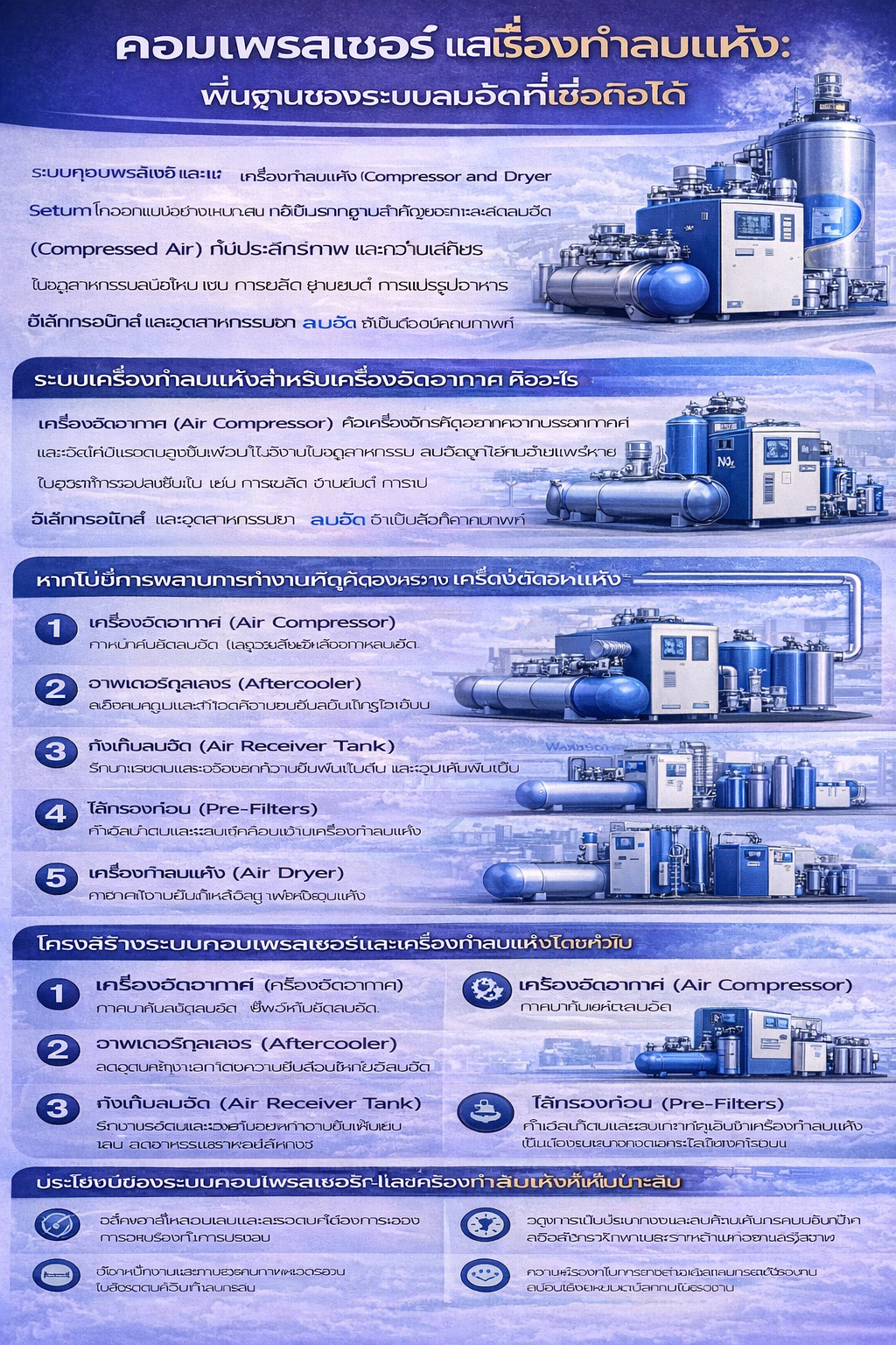 อินโฟกราฟิก “คอมเพรสเซอร์และเครื่องทำลมแห้ง” อธิบายระบบลมอัดที่เชื่อถือได้ ให้ความหมายของคอมเพรสเซอร์และเครื่องทำลมแห้ง พร้อมผังการติดตั้งมาตรฐาน (ไส้กรอง ถังพัก เครื่องทำลมแห้ง ระบบระบายน้ำ) รวมถึงประโยชน์และแนวทางการเลือกระบบ