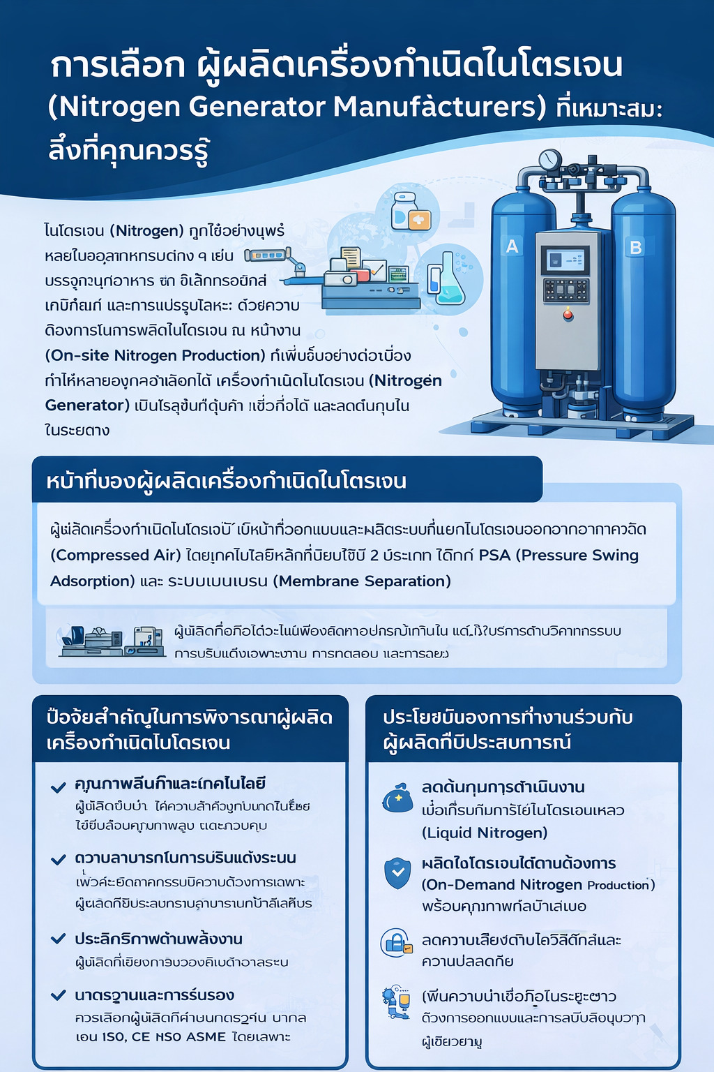 อินโฟกราฟิกเลือกผู้ผลิตเครื่องผลิตไนโตรเจน—ดูคุณภาพ เทคโนโลยี การปรับแต่ง ประหยัดพลังงาน บริการหลังการขาย และความน่าเชื่อถือ