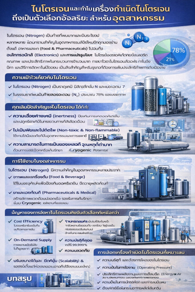 อินโฟกราฟิกอธิบายไนโตรเจน (N₂) และเหตุผลที่เครื่องผลิตไนโตรเจนแบบผลิตหน้างานเหมาะกับอุตสาหกรรม พร้อมการใช้งาน ข้อดี และกระบวนการ PSA/เมมเบรน