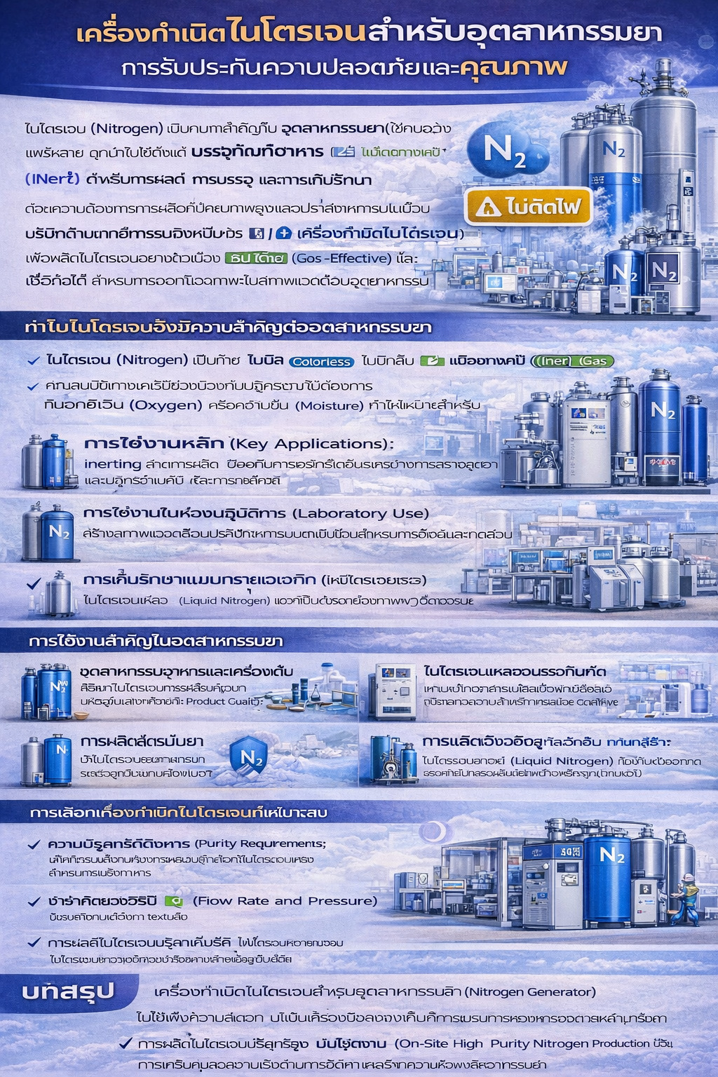 อินโฟกราฟิกเครื่องผลิตไนโตรเจนสำหรับอุตสาหกรรมยา เน้นว่า N₂ เป็นก๊าซเฉื่อยเพื่อความปลอดภัยและคุณภาพ ข้อดีของการผลิตหน้างาน และการใช้งาน เช่น ทำบรรยากาศเฉื่อยในไลน์ผลิต บรรจุภัณฑ์/จัดเก็บ ห้องแล็บ เคลือบเม็ดยา สูตรยาน้ำ และการเก็บรักษาชีววัตถุ/วัคซีน