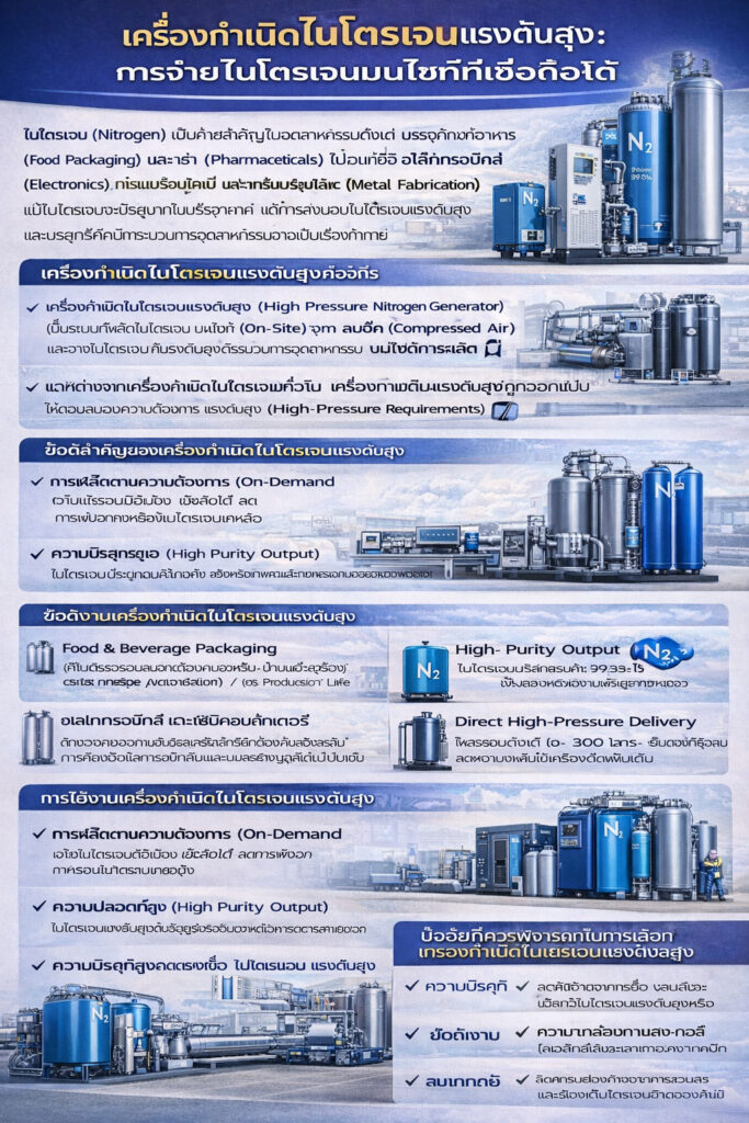อินโฟกราฟิกเครื่องผลิตไนโตรเจนแรงดันสูงสำหรับจ่าย N₂ หน้างาน อธิบายคืออะไร กระบวนการ PSA/เมมเบรน จุดเด่น (ความบริสุทธิ์ ส่งแรงดันสูงโดยตรง คุ้มค่า ปลอดภัย ยั่งยืน) และปัจจัยในการเลือก