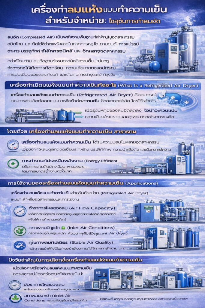 อินโฟกราฟิกการตลาด “เครื่องทำลมแห้งแบบทำความเย็นจำหน่าย” อธิบายการกำจัดความชื้นด้วยการทำให้เย็นและควบแน่น ระบุการใช้งาน ปัจจัยเลือกซื้อ (อัตราการไหล เงื่อนไขลมเข้า ประหยัดพลังงาน ความทนทาน) และปุ่ม “ติดต่อเรา”