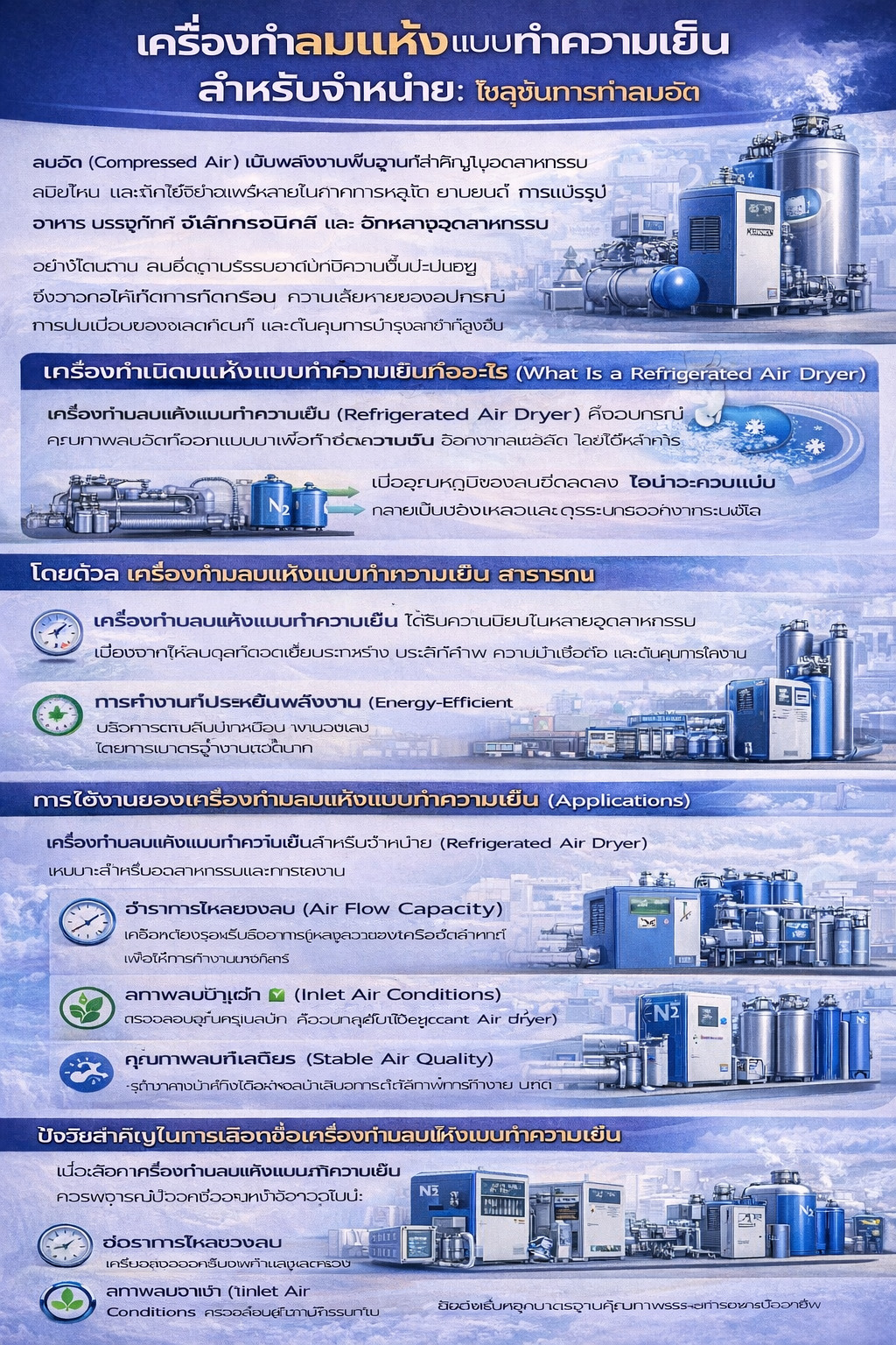 อินโฟกราฟิกการตลาด “เครื่องทำลมแห้งแบบทำความเย็นจำหน่าย” อธิบายการกำจัดความชื้นด้วยการทำให้เย็นและควบแน่น ระบุการใช้งาน ปัจจัยเลือกซื้อ (อัตราการไหล เงื่อนไขลมเข้า ประหยัดพลังงาน ความทนทาน) และปุ่ม “ติดต่อเรา”