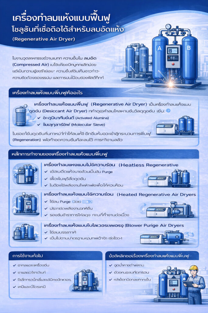 อินโฟกราฟิกเครื่องทำลมแห้งแบบดูดซับชนิดรีเจนเนอเรทีฟ แสดงถังคู่ กำจัดความชื้นถึงจุดน้ำค้าง –40°C ถึง –70°C และประเภท: แบบไม่ใช้ความร้อน แบบใช้ความร้อน และแบบโบลเวอร์เพิร์จ