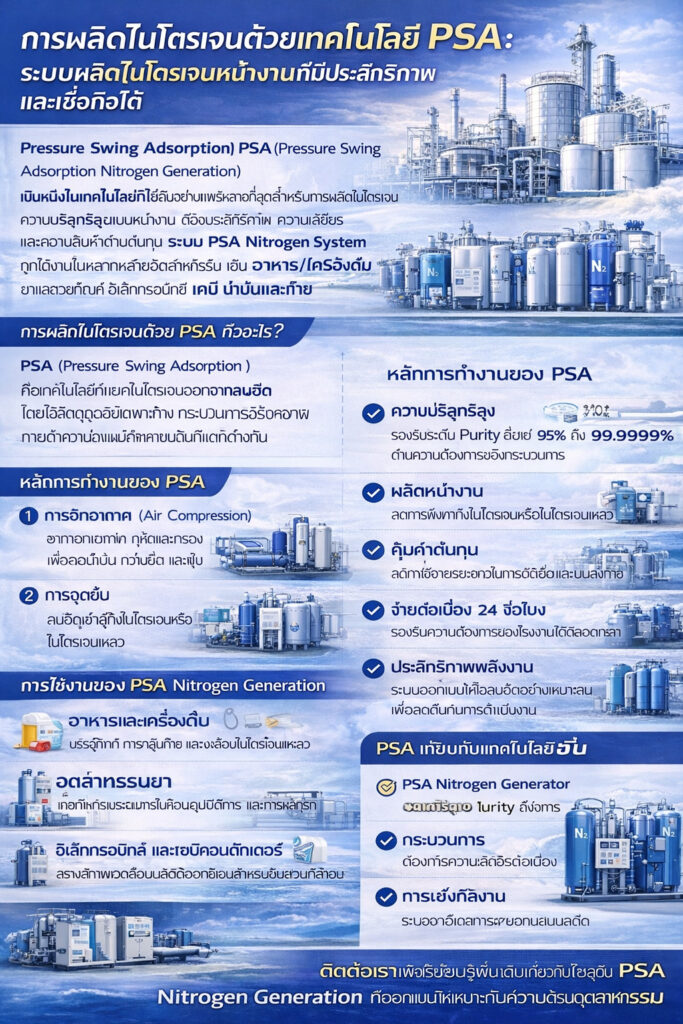 อินโฟกราฟิกอธิบายการผลิตไนโตรเจนด้วยเทคโนโลยี Pressure Swing Adsorption (PSA) แสดงขั้นตอนการทำงาน ความบริสุทธิ์สูง และการใช้งานในอุตสาหกรรม