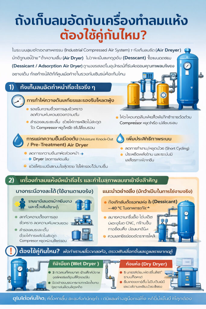 อินโฟกราฟิกอธิบายว่าควรใช้ถังพักลมร่วมกับเครื่องทำลมแห้งหรือไม่ พร้อมประโยชน์หลัก (ทำให้ความดันนิ่งและแยกน้ำก้อน), แผนผังติดตั้งที่แนะนำ (ถังเปียกก่อนเครื่องทำลมแห้ง, ถังแห้งหลังเครื่องทำลมแห้ง) และแนวทางเลือกขนาดถังแบบคร่าว ๆ