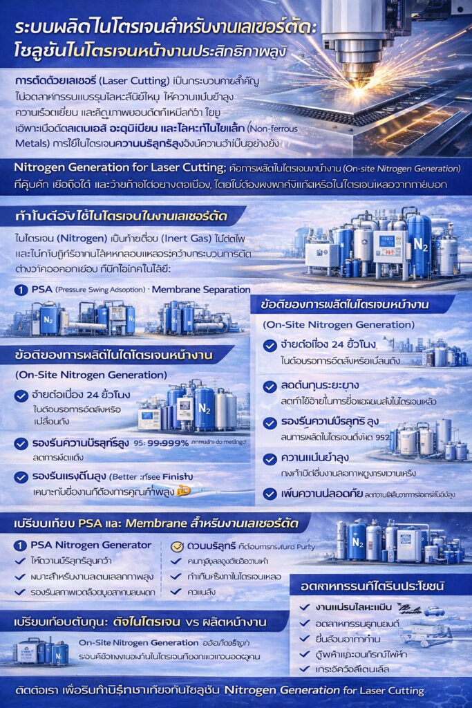 อินโฟกราฟิกเกี่ยวกับการผลิตไนโตรเจนสำหรับงานตัดเลเซอร์ แสดงการตัดแบบไม่เกิดออกซิเดชัน ไนโตรเจนความบริสุทธิ์สูง เทคโนโลยี PSA และข้อดีด้านต้นทุนในการผลิตโลหะ
