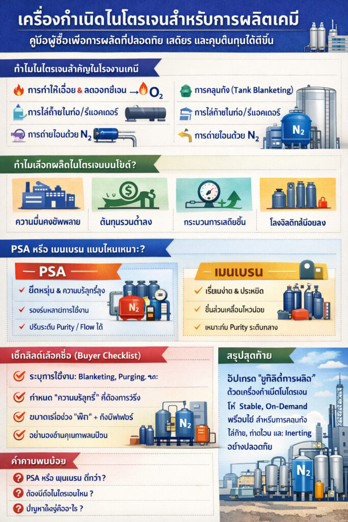 อินโฟกราฟิกเครื่องผลิตไนโตรเจนสำหรับอุตสาหกรรมเคมี: จุดใช้งานไนโตรเจน (ทำให้เฉื่อย, blanketing ถัง, purge/เป่าล้าง), เปรียบเทียบ PSA กับเมมเบรน, ข้อดีของไนโตรเจนผลิตหน้างาน และเช็กลิสต์เลือกความบริสุทธิ์ อัตราการไหล ถังบัฟเฟอร์ คุณภาพลมอัด และระบบมอนิเตอร์