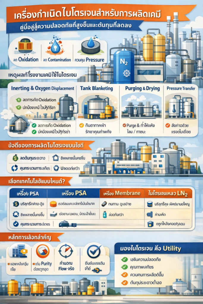 อินโฟกราฟิกเกี่ยวกับเครื่องผลิตไนโตรเจนสำหรับการผลิตเคมี: การใช้งานหลัก (ทำให้เฉื่อย/ไล่ออกซิเจน, blanketing ถัง, purge/เป่าล้าง, การส่งถ่าย), เปรียบเทียบ PSA กับเมมเบรน, ข้อดี (ปลอดภัย ซัพพลายเสถียร ลดต้นทุน) และเช็กลิสต์เลือกความบริสุทธิ์ อัตราการไหล ความดัน คุณภาพลมอัด และถังบัฟเฟอร์