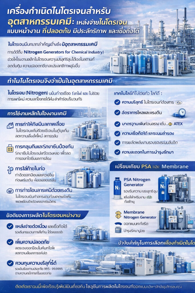 อินโฟกราฟิกเกี่ยวกับเครื่องผลิตไนโตรเจนสำหรับอุตสาหกรรมเคมี แสดงการทำ inerting ถังเก็บ การปกคลุมผิวของเหลว การไล่อากาศในท่อ และข้อดีของการผลิตไนโตรเจนในสถานที่ใช้งาน