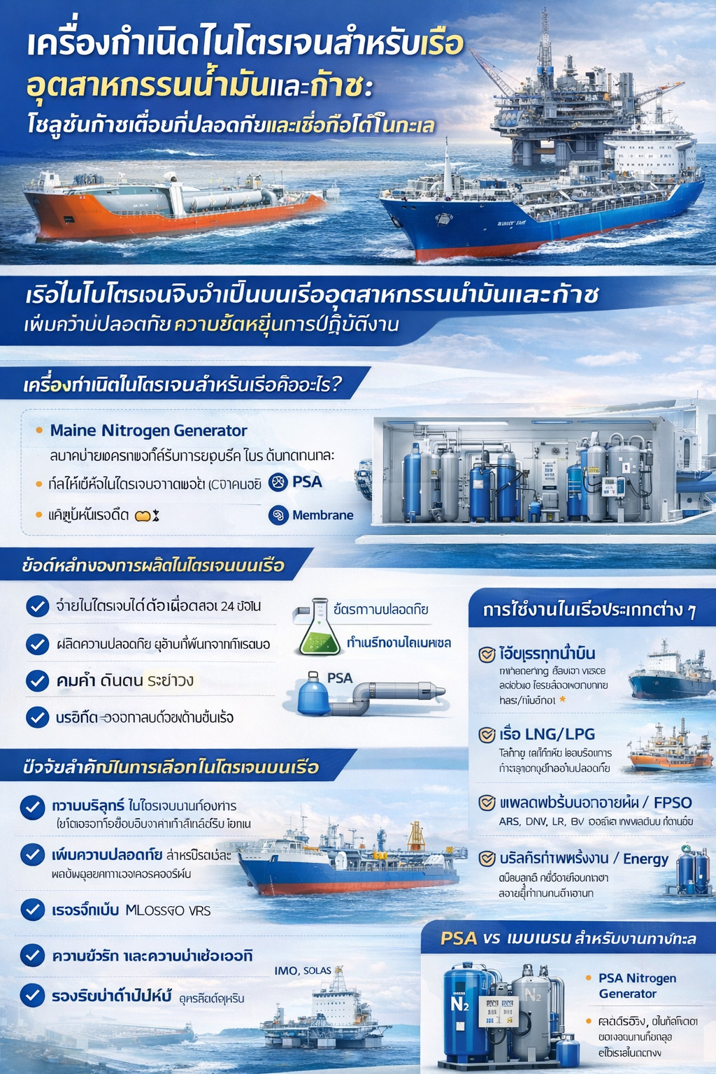 อินโฟกราฟิกเกี่ยวกับเครื่องผลิตไนโตรเจนสำหรับเรือน้ำมันและก๊าซ แสดงการผลิตไนโตรเจนบนเรือ การทำ inerting ถังเก็บ การไล่อากาศในท่อ และข้อดีด้านความปลอดภัยทางทะเล
