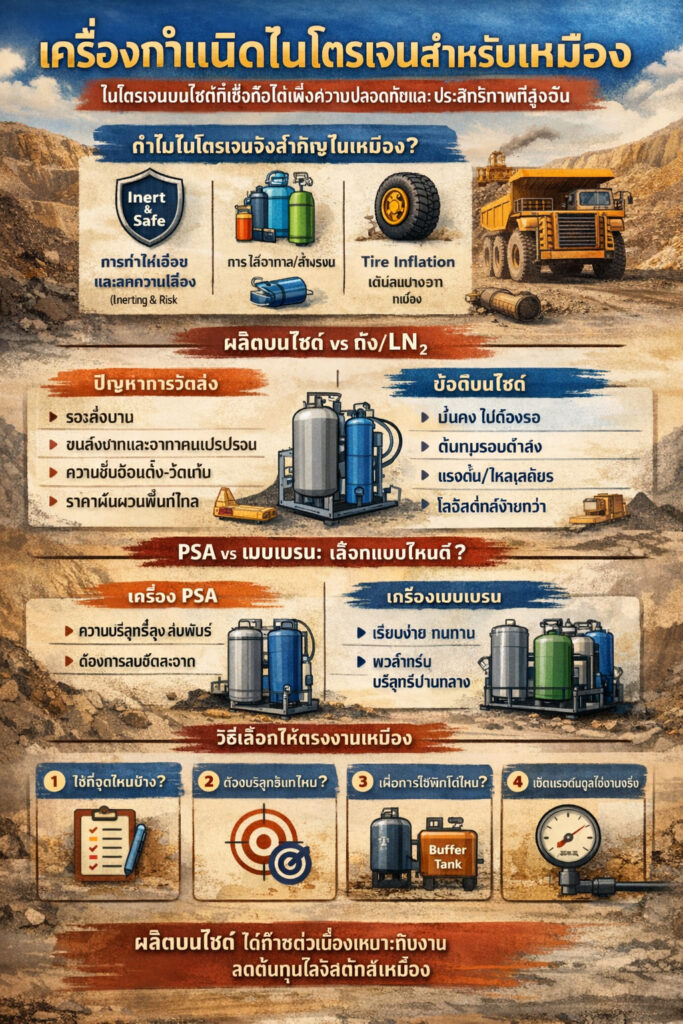 อินโฟกราฟิกเครื่องผลิตไนโตรเจนสำหรับเหมือง: การใช้งานหลัก (ทำให้เฉื่อย, purge/เป่าล้าง, ความปลอดภัยด้านไฟ, เติมลมยาง, สนับสนุนเครื่องมือวัด), ข้อดีของไนโตรเจนผลิตหน้างาน (ปลอดภัยกว่า ซัพพลายเสถียร ลดต้นทุน) และเช็กลิสต์เลือกความบริสุทธิ์ อัตราการไหล โลจิสติกส์ และคุณภาพลมอัดขาเข้า