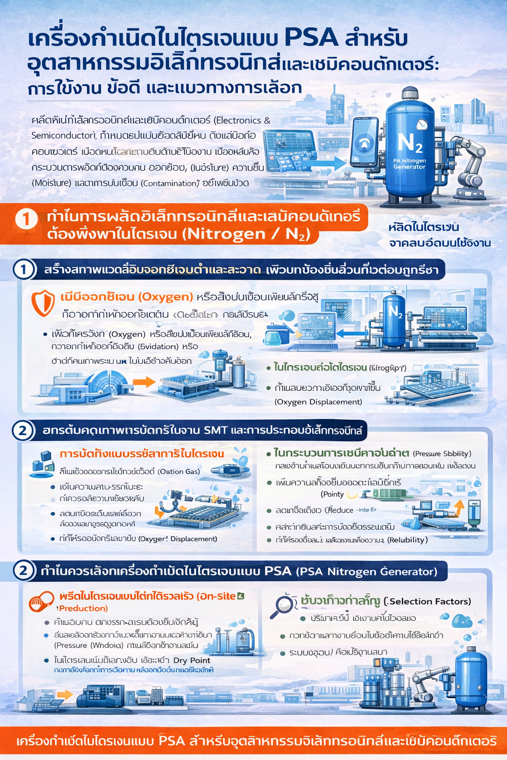 อินโฟกราฟิกอธิบายบทบาทเครื่องผลิตไนโตรเจนแบบ PSA ในอุตสาหกรรมอิเล็กทรอนิกส์และเซมิคอนดักเตอร์: สร้างสภาพแวดล้อมออกซิเจนต่ำ เพิ่มคุณภาพการบัดกรี SMT และช่วยการจัดการก๊าซอย่างปลอดภัย พร้อมจุดเด่นและแนวทางเลือกตามงาน ความบริสุทธิ์ และความดัน