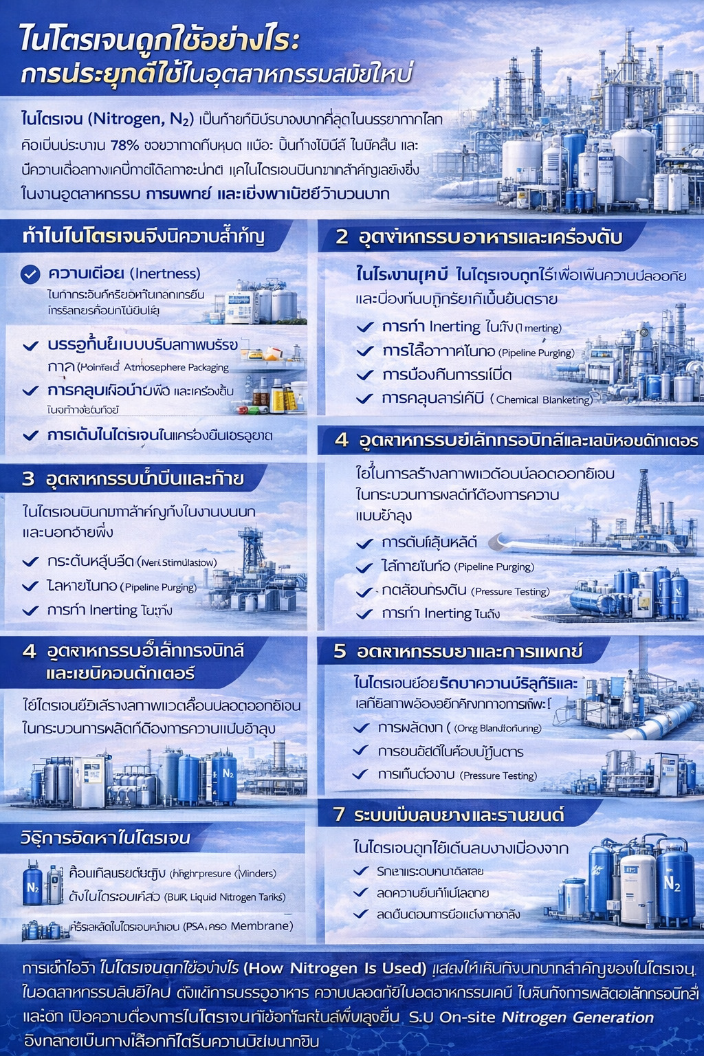 อินโฟกราฟิกอธิบายการใช้งานไนโตรเจนในอุตสาหกรรมต่าง ๆ เช่น อาหาร เคมี น้ำมันและก๊าซ อิเล็กทรอนิกส์ เภสัชกรรม และยานยนต์