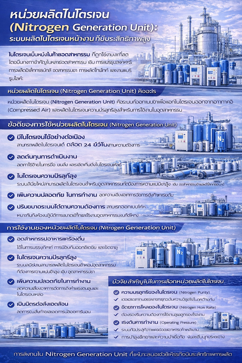อินโฟกราฟิกอธิบายระบบ nitrogen generation unit หลักการทำงานของเครื่องกำเนิดไนโตรเจนแบบ PSA และการใช้งานในอุตสาหกรรม